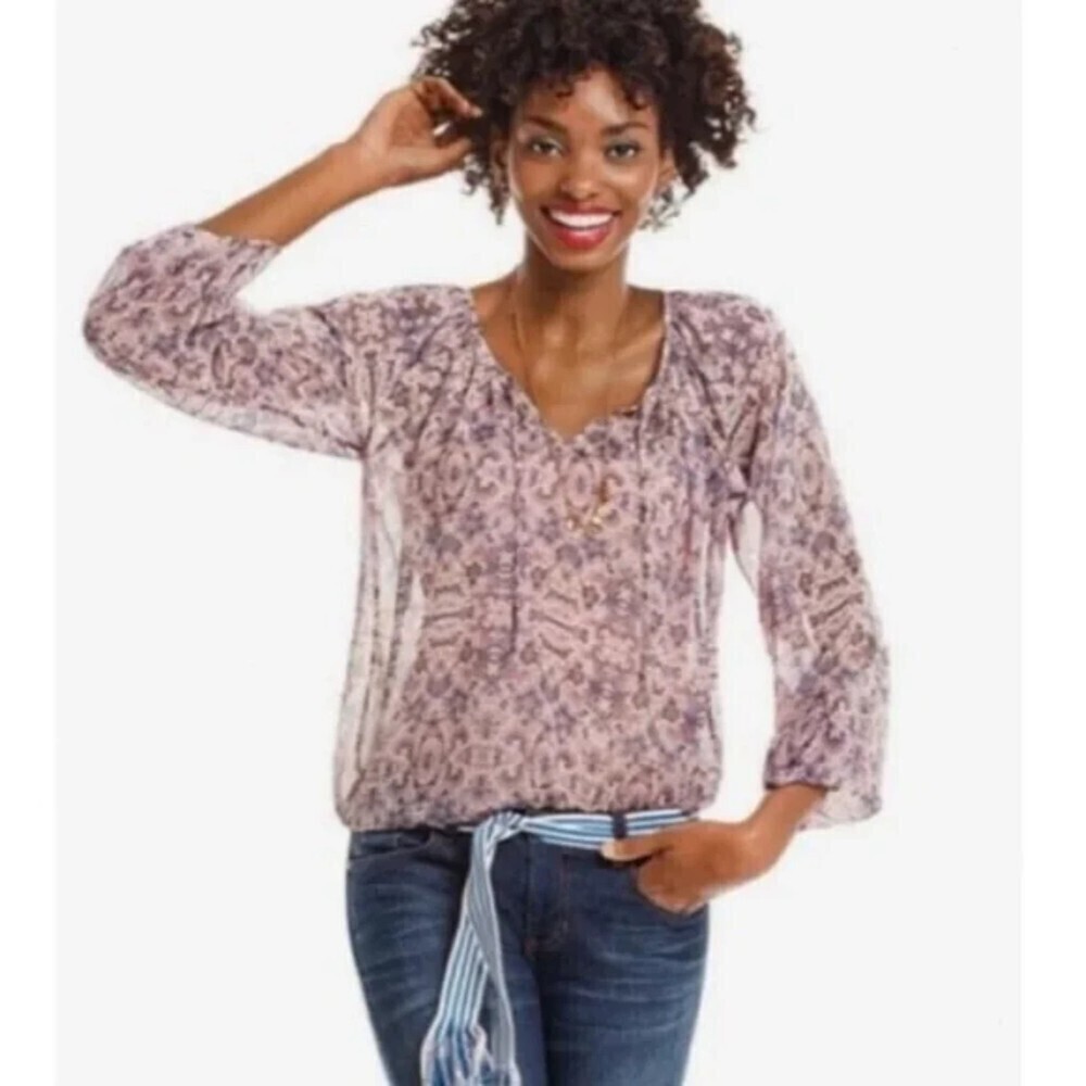 CABI Pink Blush Sienna Sheer Floral Print Long Sleeve Blouse #5028 Size Small